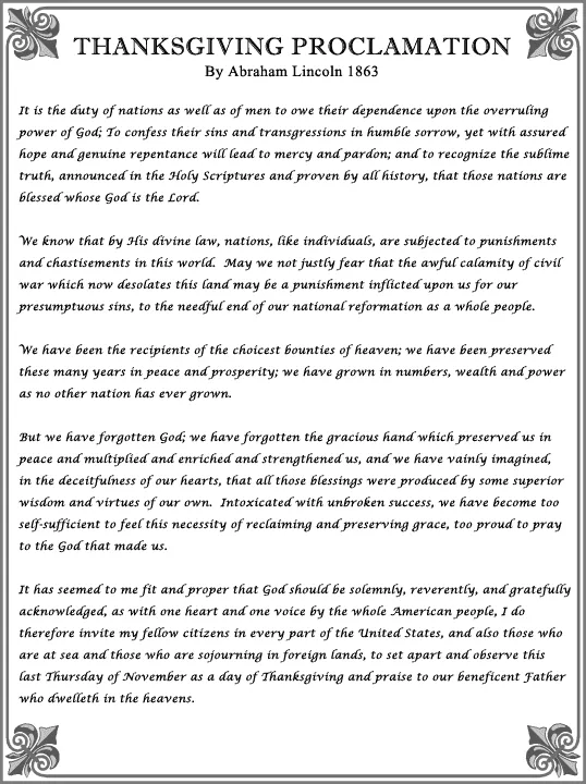 Formal document titled "Thanksgiving Proclamation by Abraham Lincoln 1863," featuring ornate corner decorations and a bordered frame, containing a historical text in black serif font on a white background.