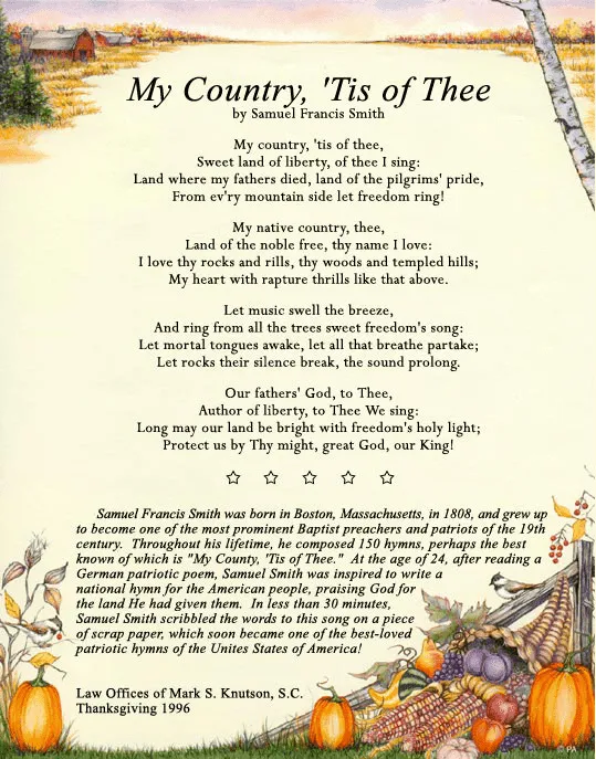 Autumn-themed decorative page featuring the lyrics of "My Country, 'Tis of Thee" by Samuel Francis Smith with pumpkins and harvest imagery.