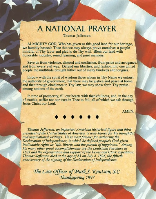 A parchment-style document titled "A National Prayer" by Thomas Jefferson, overlaid on a waving American flag background.