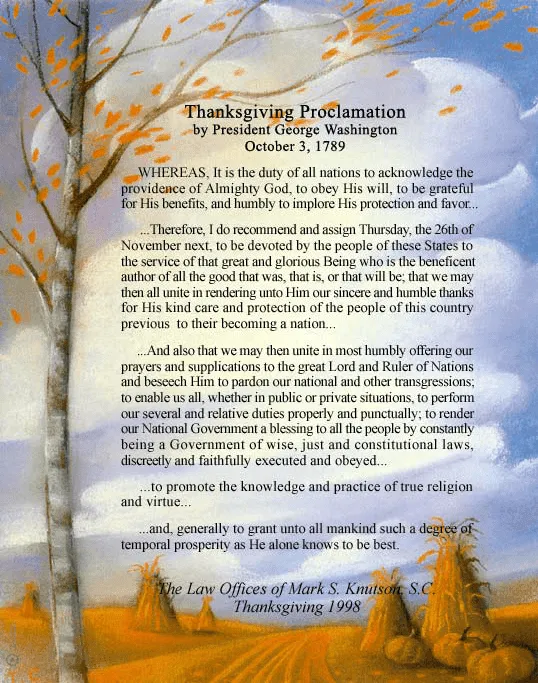 Alt text: Thanksgiving Proclamation text by President George Washington over a fall landscape with orange leaves and haystacks under a blue sky.