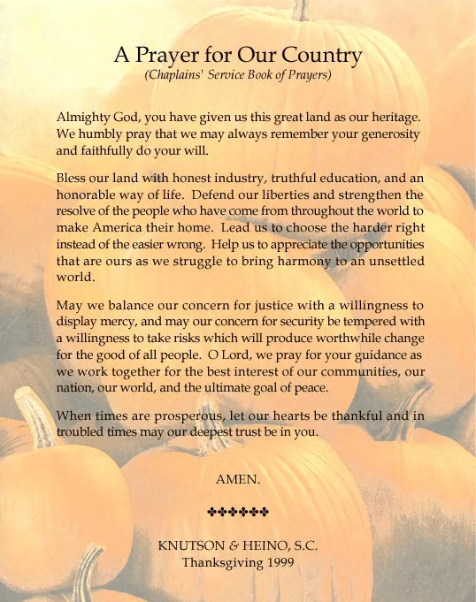 Formal prayer text titled "A Prayer for Our Country" over a background of orange pumpkins.