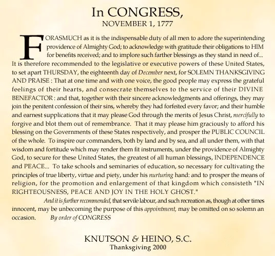 Formal document titled "In CONGRESS, November 1, 1777," with historical text on Thanksgiving recommendations.