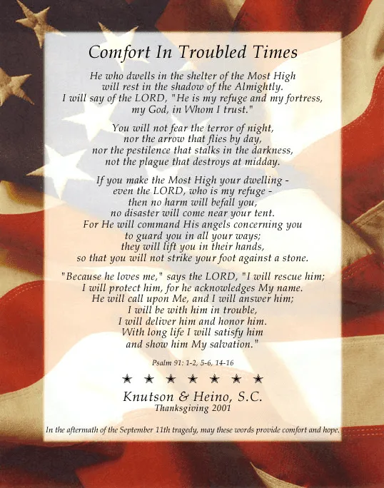 A poem titled "Comfort In Troubled Times" overlaid on a faded American flag background, with text referencing Psalm 91 and expressing hope and protection, attributed to Knutson & Heino, S.C., Thanksgiving 2001.