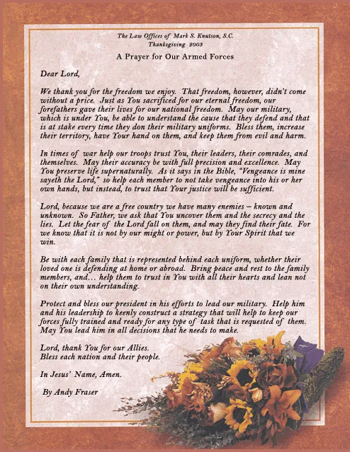 Formal prayer text titled "A Prayer for Our Armed Forces" from The Law Offices of Mark S. Knutson, S.C., Thanksgiving 2008, with a floral arrangement at the bottom right corner.