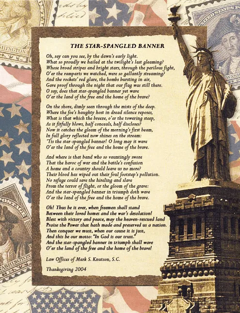 Text of "The Star-Spangled Banner" displayed on a parchment-like background, with a sepia-toned Statue of Liberty statue on the right, and a collage of American flag and historical US currency in the background.