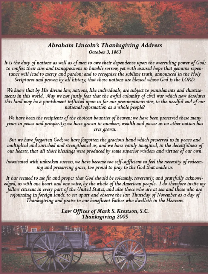 Text of Abraham Lincoln's Thanksgiving Address dated October 3, 1863, framed by autumn foliage and a rustic wooden wagon.
