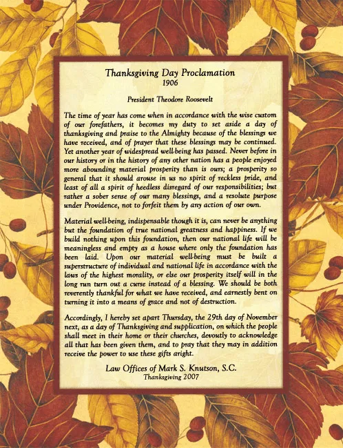 Formal Thanksgiving Day Proclamation text from 1906 by President Theodore Roosevelt, framed by autumn leaves.