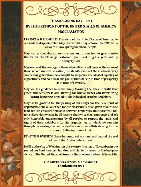 Formal Thanksgiving Day 1933 proclamation by President Franklin D. Roosevelt with autumn-themed border.