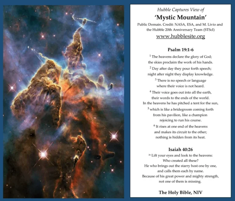 Astronomical image of Mystic Mountain nebula with colorful cosmic dust and stars alongside biblical Psalms and Isaiah text.