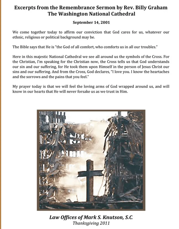 Text excerpt from Rev. Billy Graham's 2001 remembrance sermon with a cross amid rubble photo.