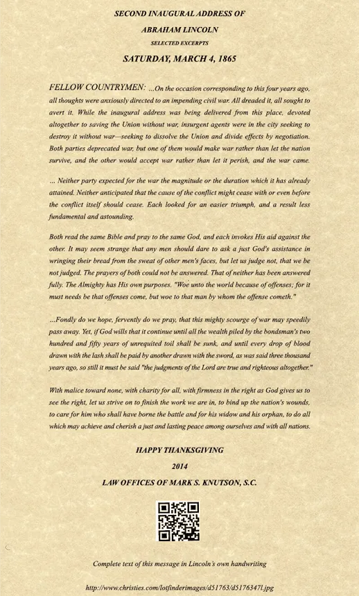 Formal document displaying selected excerpts from Abraham Lincoln's Second Inaugural Address, dated March 4, 1865, with a QR code and footer text.