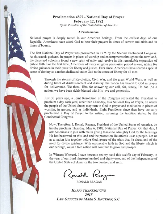 Formal proclamation document titled "Proclamation 4897 - National Day of Prayer February 12, 1982" with text and a partial American flag on the left side.