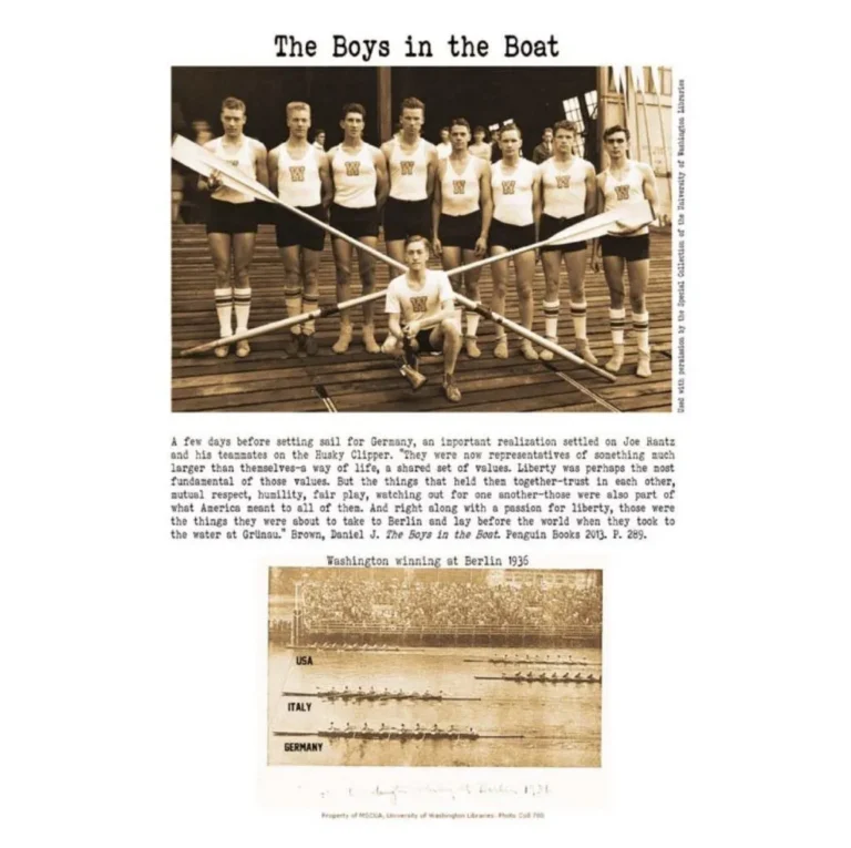 Sepia-toned photo of eight male rowers in athletic uniforms holding oars, with text about their 1936 Berlin Olympics victory.