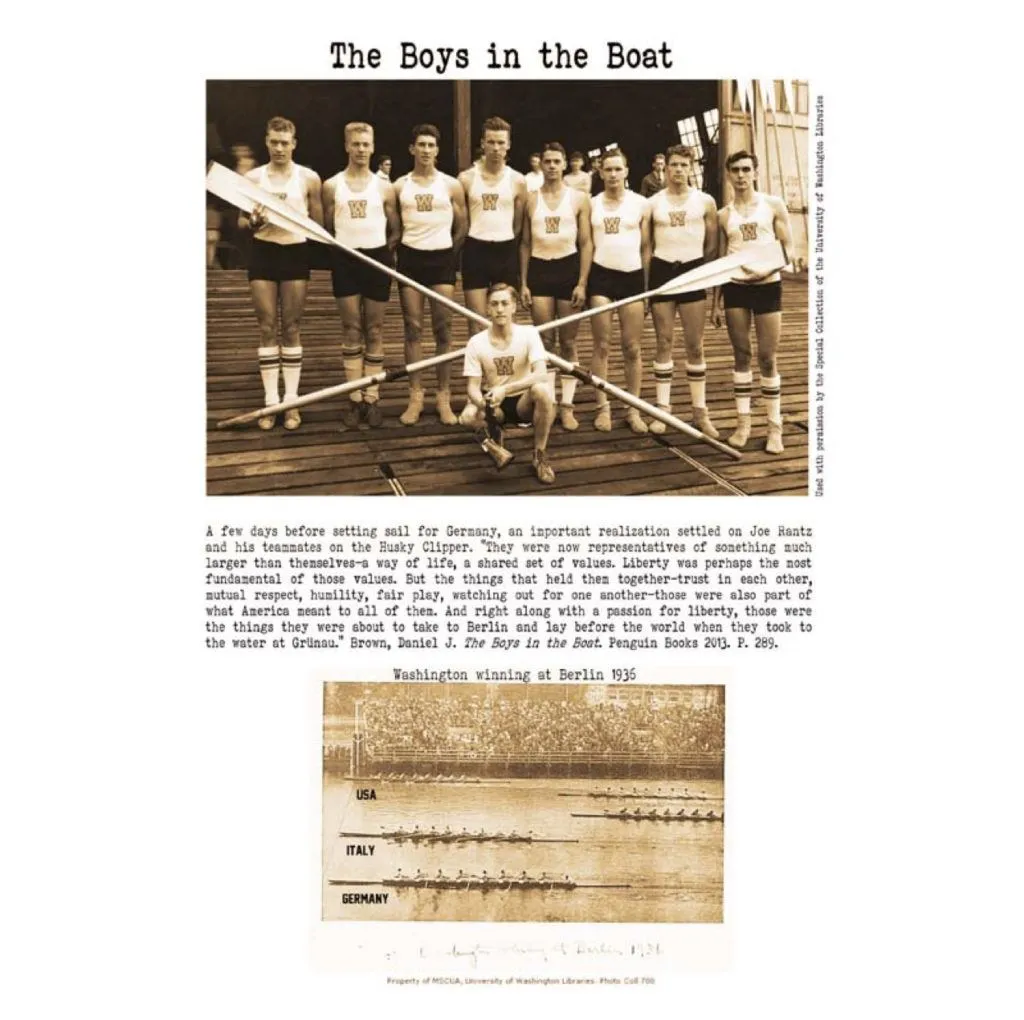 Sepia-toned photo of eight male rowers in athletic uniforms holding oars, with text about their 1936 Berlin Olympics victory.