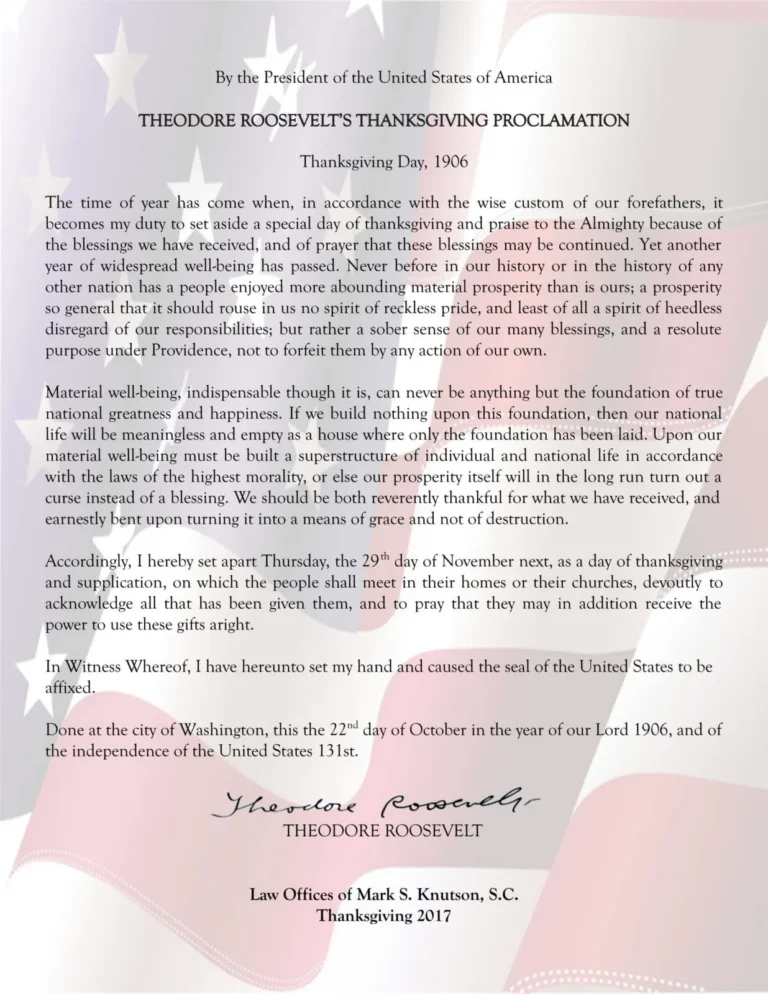 Theodore Roosevelt's 1906 Thanksgiving Proclamation text over a faded American flag background.