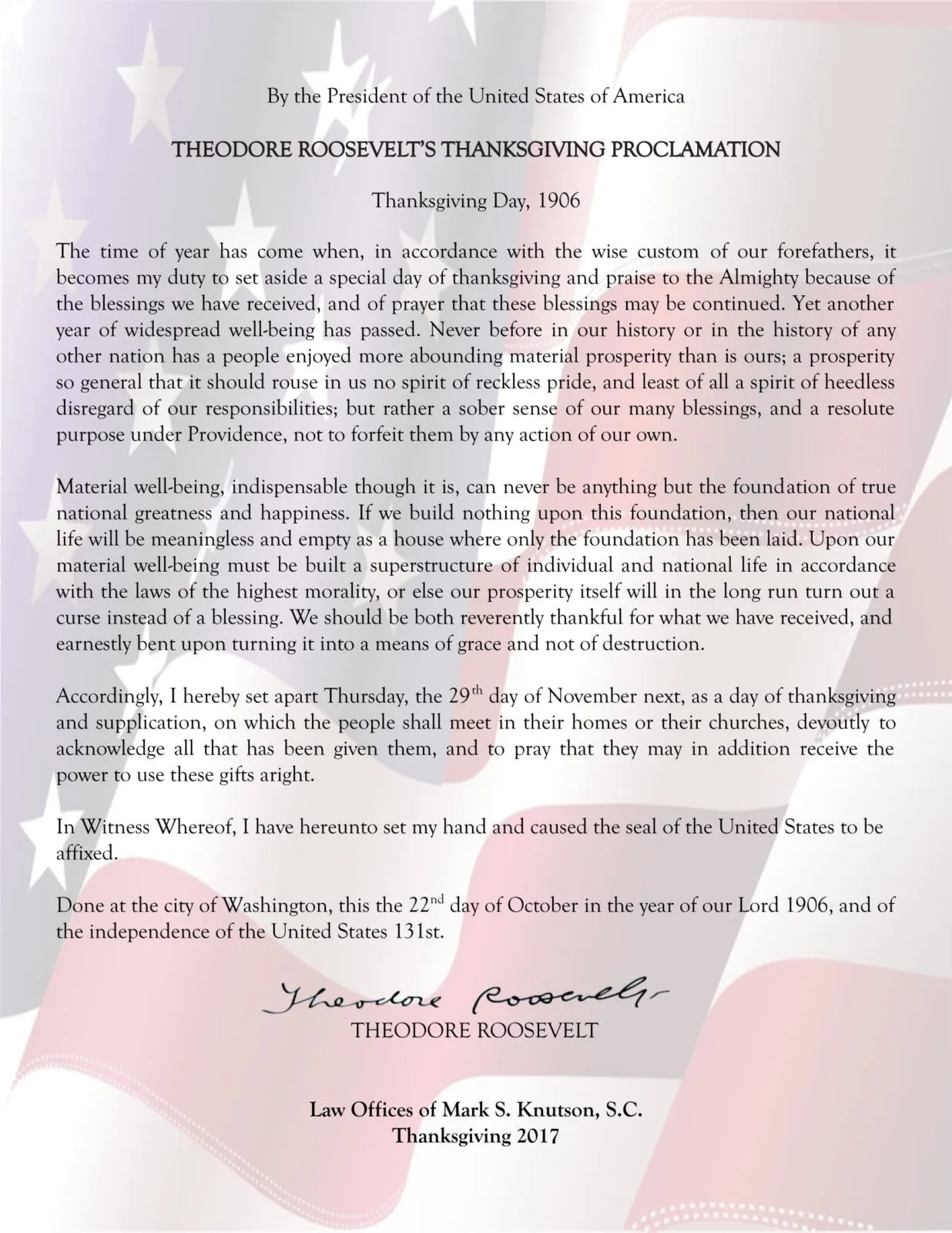 Theodore Roosevelt's 1906 Thanksgiving Proclamation text over a faded American flag background.