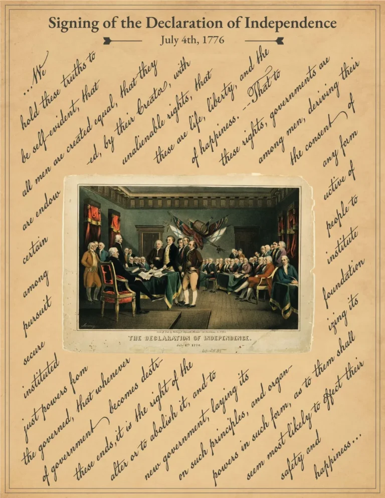 Historic illustration of the Declaration of Independence signing with cursive text excerpt.
