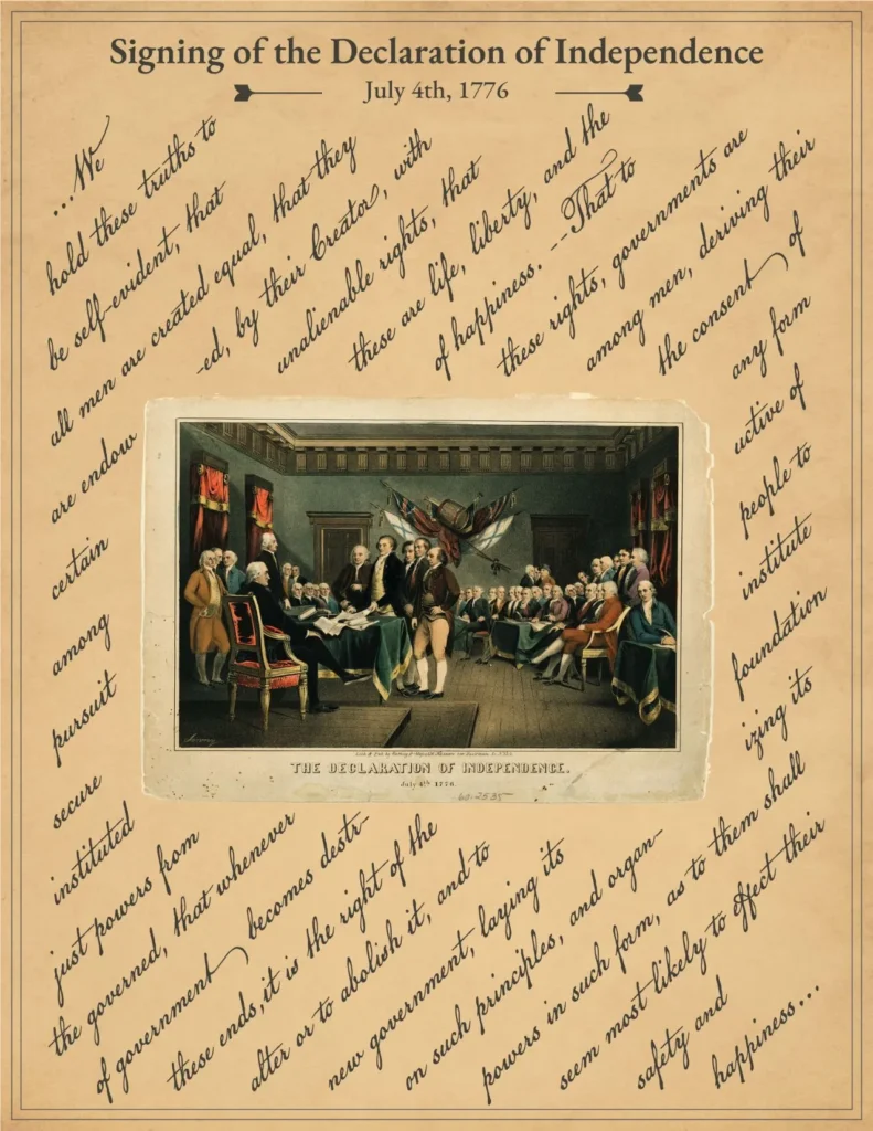 Historic illustration of the Declaration of Independence signing with cursive text excerpt.