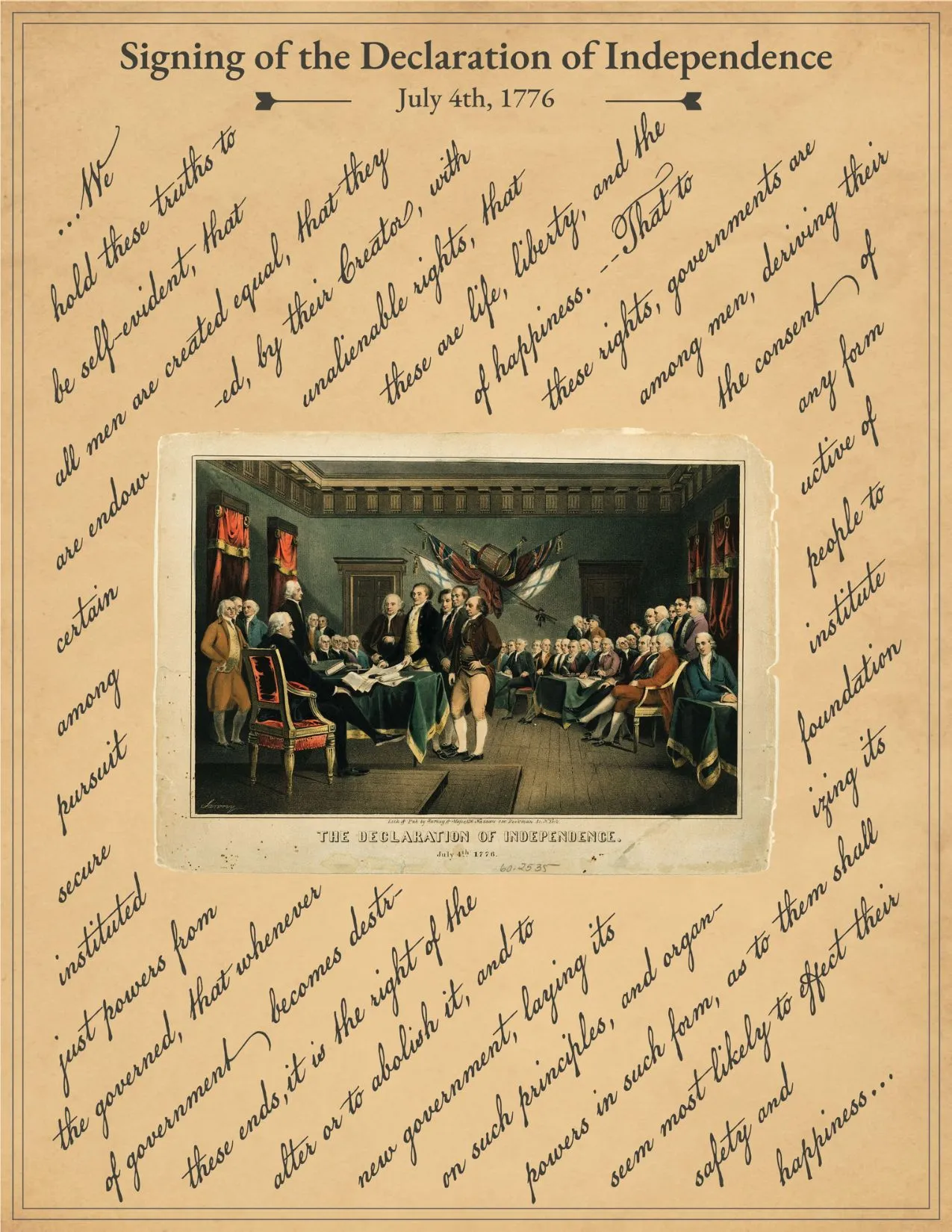 Historic illustration of the Declaration of Independence signing with cursive text excerpt.