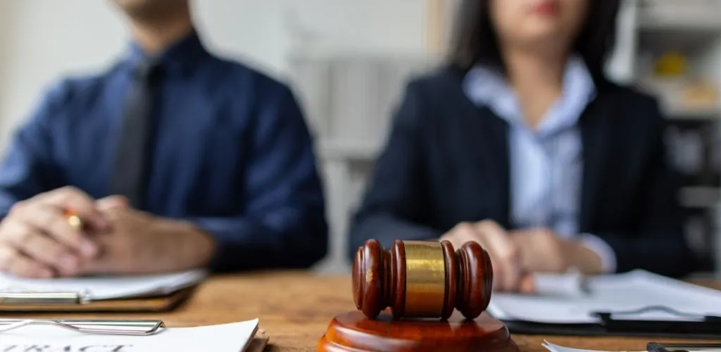 Wooden judge's gavel on desk with two blurred professionals in business attire in background.