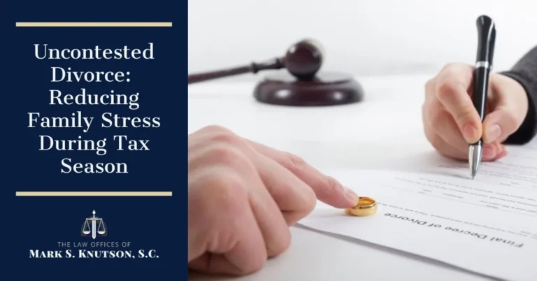 Legal advertisement with text "Uncontested Divorce: Reducing Family Stress During Tax Season" alongside an image of hands signing a divorce decree with a wedding ring and gavel on a white table.