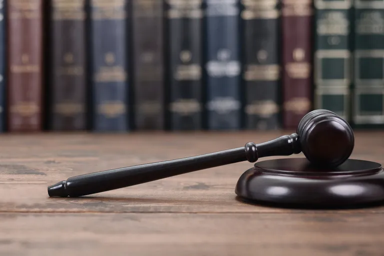 Dark wooden judge's gavel resting on a wooden sound block with blurred legal books in background.