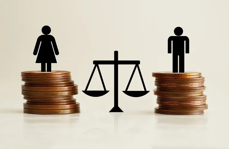 Silhouettes of a woman and man on uneven coin stacks beside a balanced scale symbolizing equality.